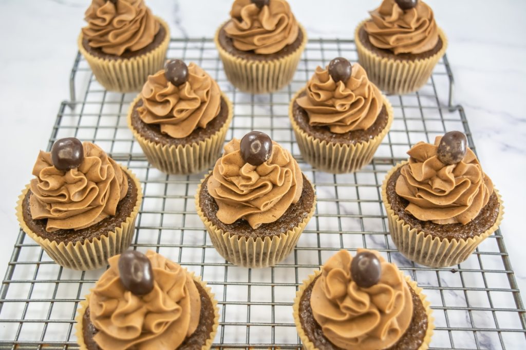 Process image for making mocha cupcakes - finished mocha cupcakes for serving