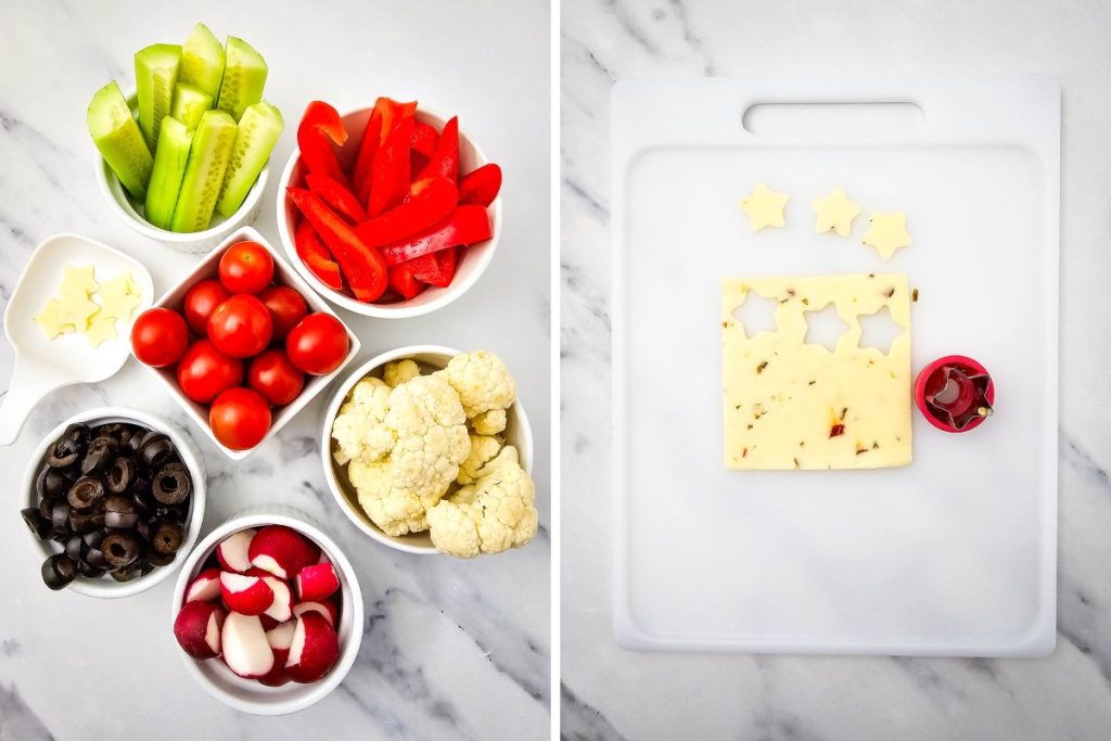 Ingredients and process image for making 4th of July Patriotic Veggie Platter - cutting 5 stars from cheese using cutout tool