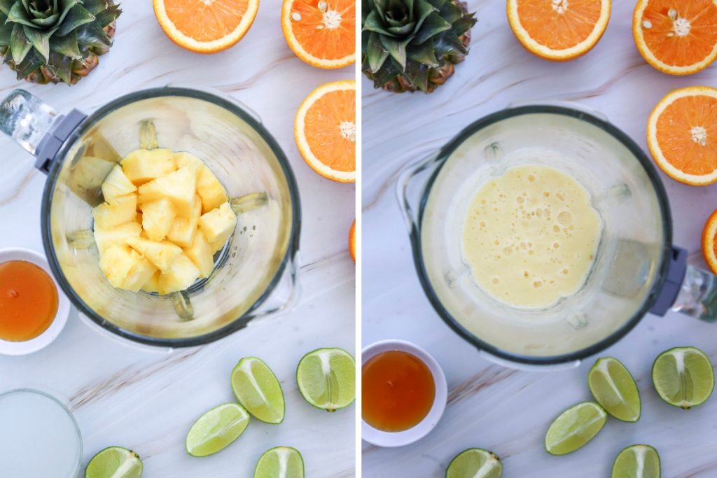 Process image for making Pineapple Margarita Mocktail - blending pineapple chunks until smooth