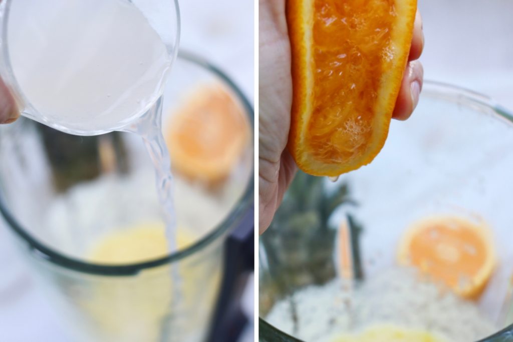 Process image for making Pineapple Margarita Mocktail - Combining pineapple puree, lime juice, orange juice, and agave syrup or honey.