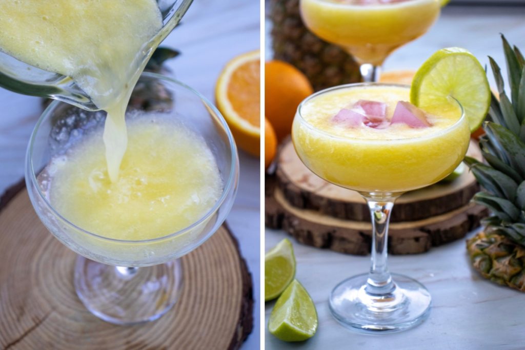 Process image for making Pineapple Margarita Mocktail - pouring finished mixture into glass and garnished before serving