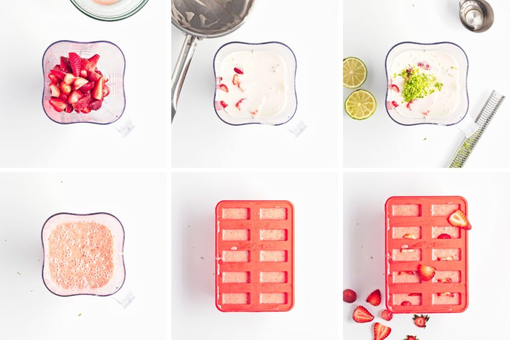 Process image for making Strawberry Lime Popsicles - blending all ingredients and pouring into popsicle molds