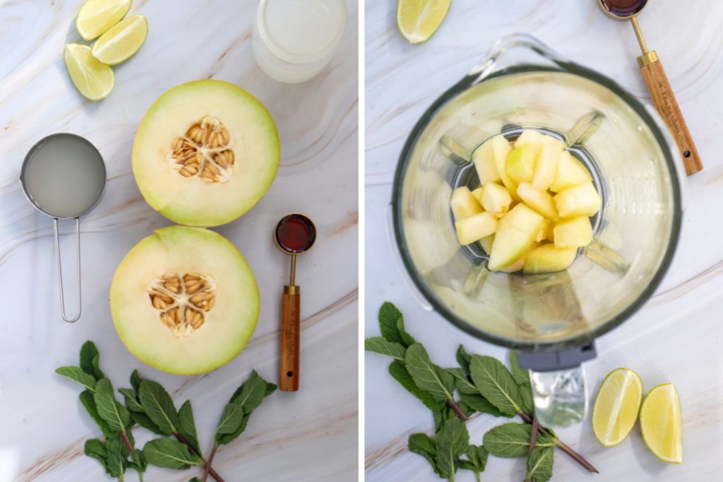 Ingredients and process image for making Summer Melon Margarita Mocktail - blending diced melon to make melon puree