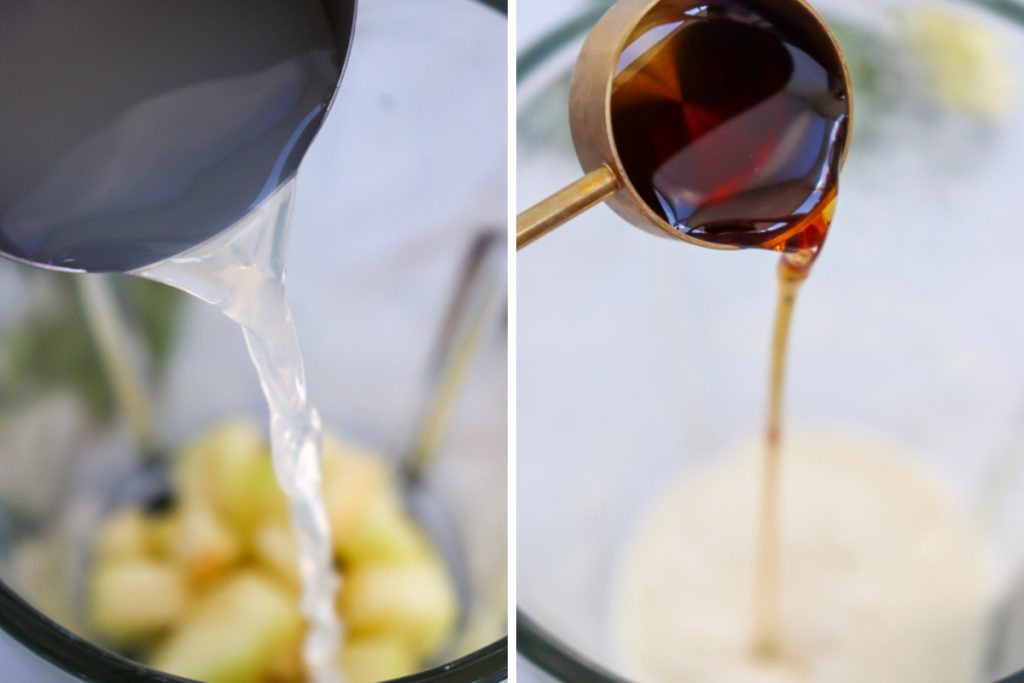 Process image for making Summer Melon Margarita Mocktail - Combining melon puree, lime juice, and agave syrup or honey.