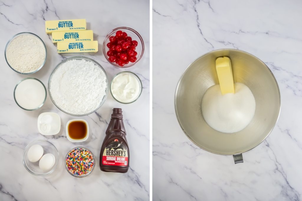 Ingredients and process image for making sundae cupcakes - combining softened butter and sugar