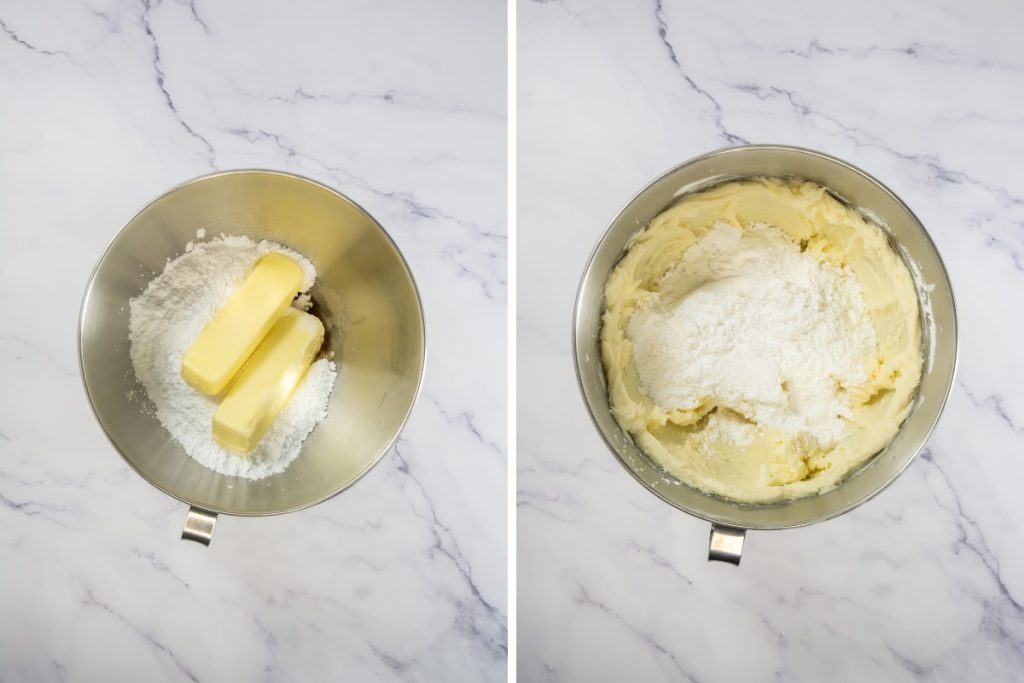 Process image for making sundae cupcakes - combine the softened butter, vanilla, salt and powdered sugar for the frosting