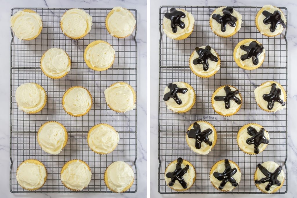 Process image for making sundae cupcakes - scoop out frosting and place on top of each cupcake. Drizzle with chocolate syrup.