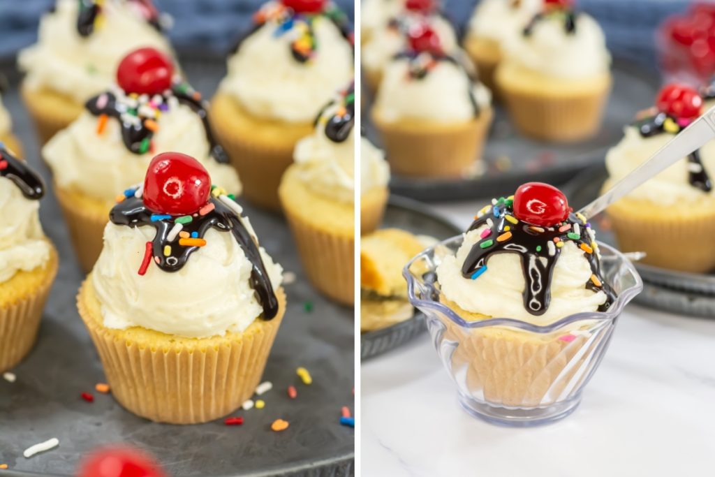 Image of finished sundae cupcake and serving suggestion