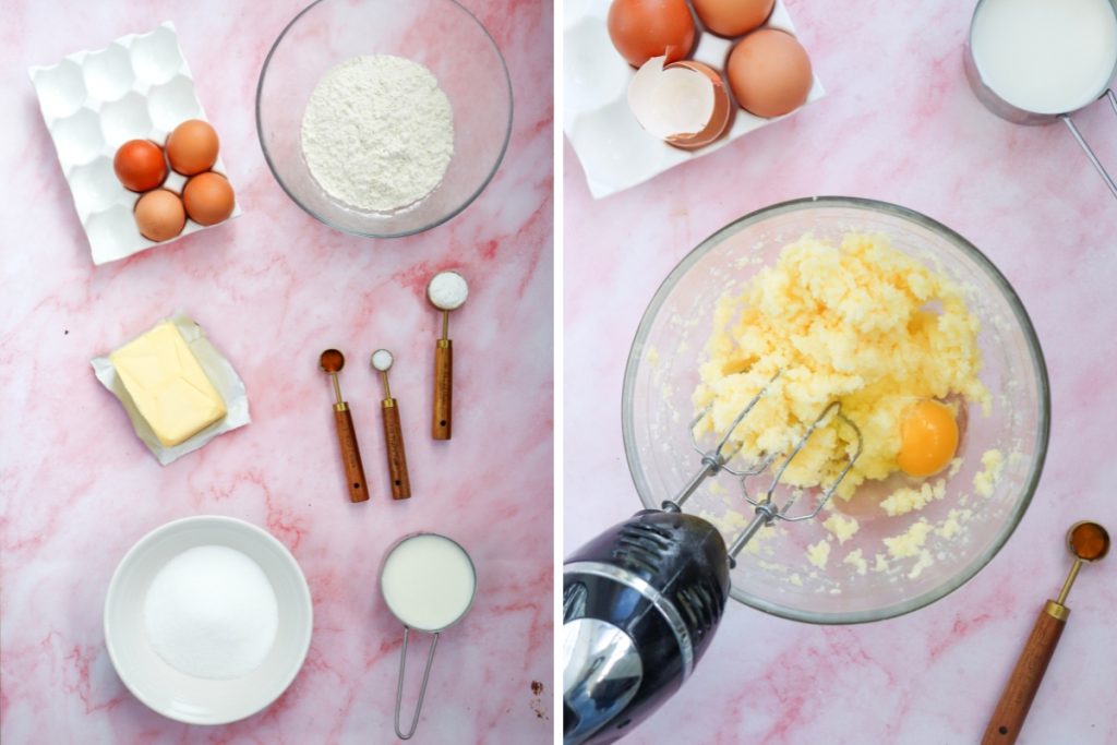 Ingredients and process image for making Vanilla Strawberry Cake - making the batter