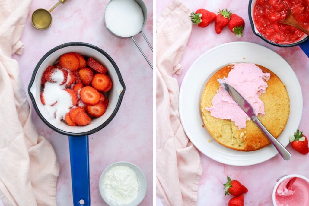 Process image for making Vanilla Strawberry Cake - making the strawberry filling and topping the cake with it plus the frosting