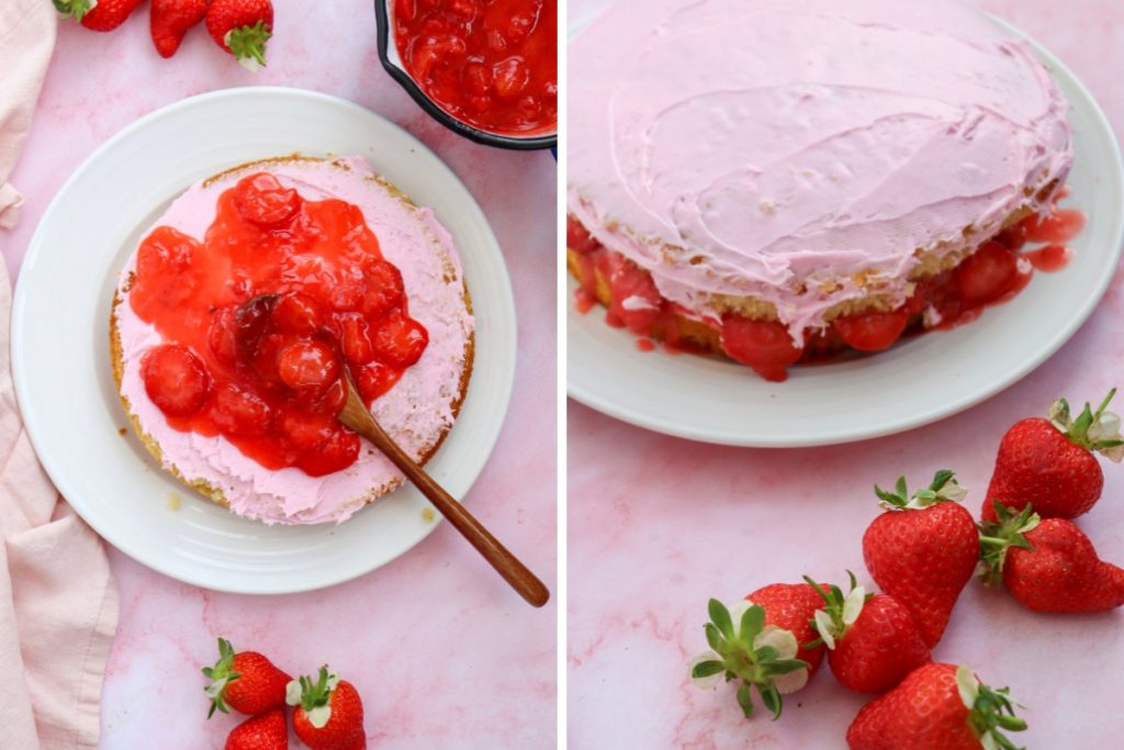 Process image for making Vanilla Strawberry Cake - filling the cake with strawberry filling and frosting