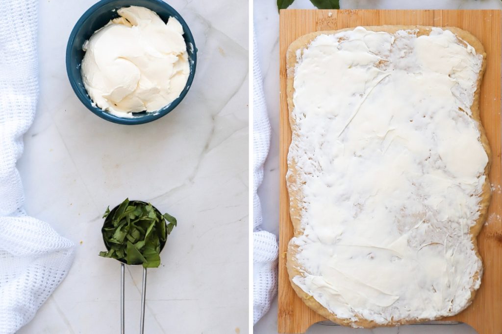 Process image for making Zucchini Bread - Preparing the Cream Cheese and Basil Filling then shaping the bread