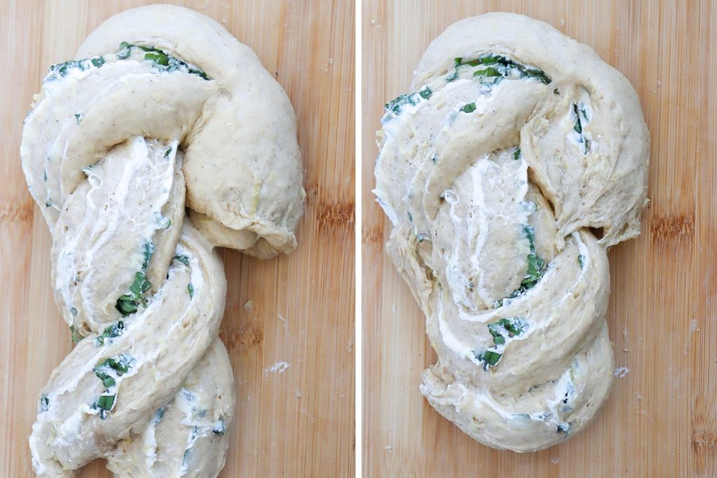 Process image for making Zucchini Bread - Pinching the ends together to seal and tuck them underneath.