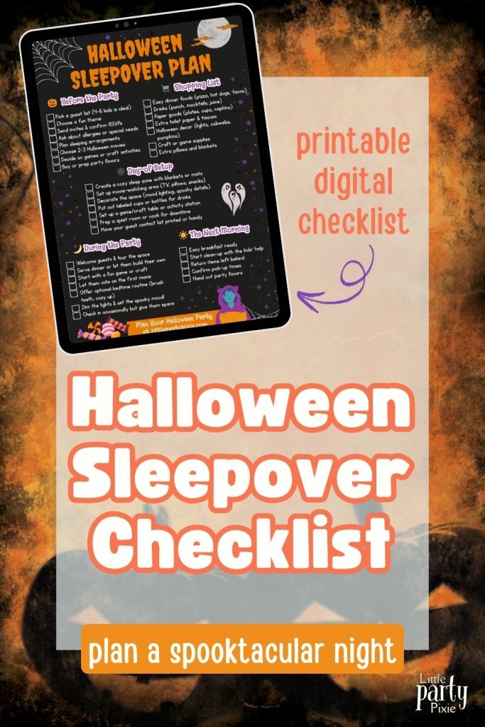 a Halloween sleepover party checklist advert with text overlay taxt 'halloween sleepover checklist'