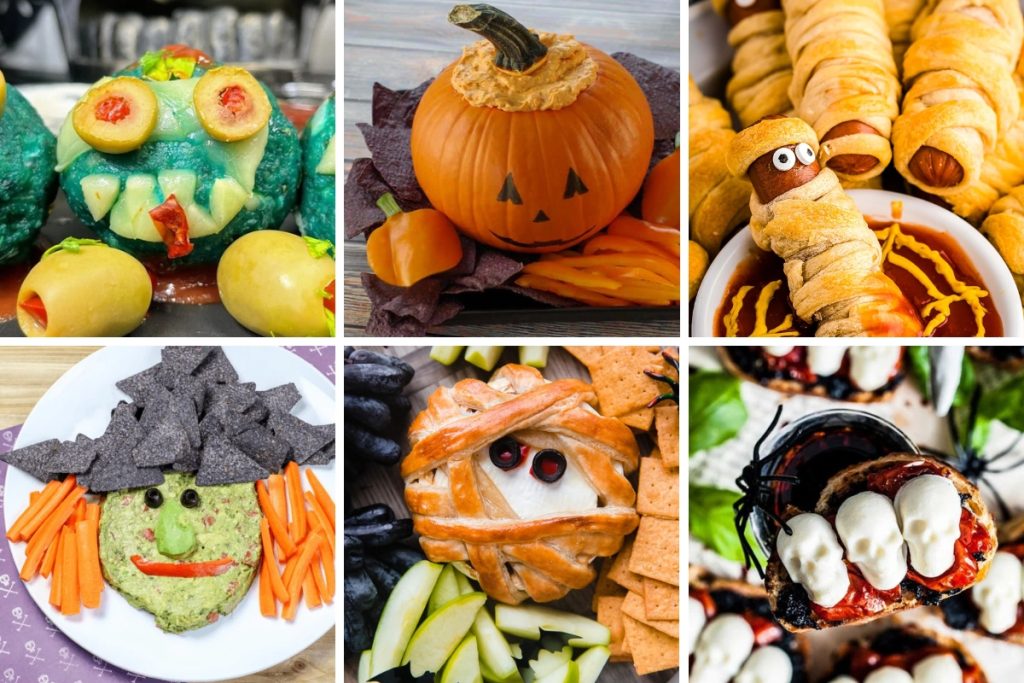 A colorful collage of fall appetizers with ingredients like cheese, seasonal vegetables, dips, and other festive presentations.