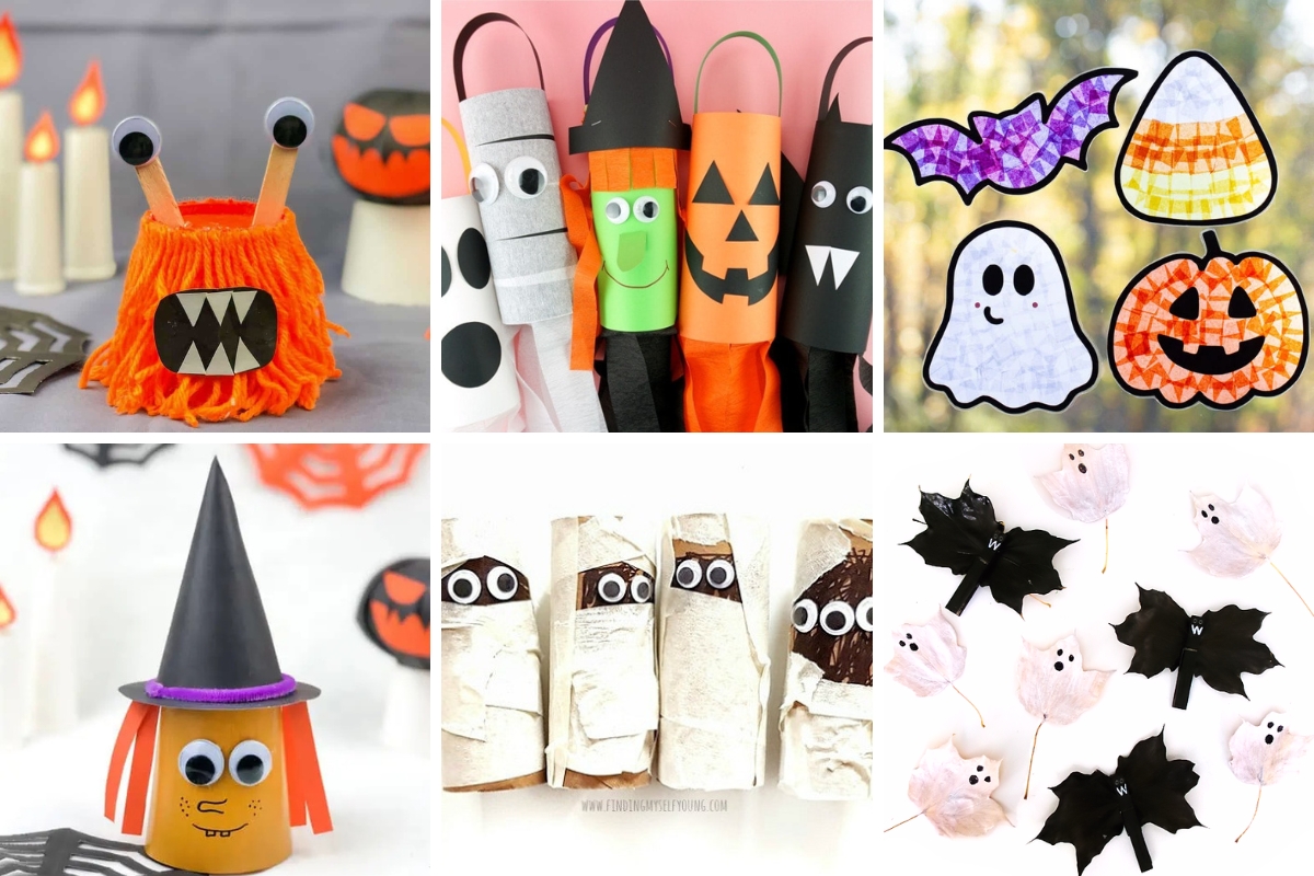 Colorful Halloween kids crafts including monsters, witches, mummies, ghosts, and paper lanterns made from simple materials.