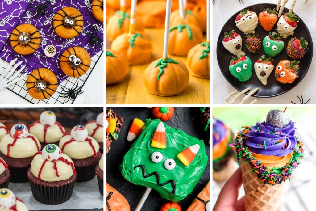 Colorful Halloween-themed desserts including donuts, cake pops, cupcakes, dipped strawberries, and monster treats on display.
