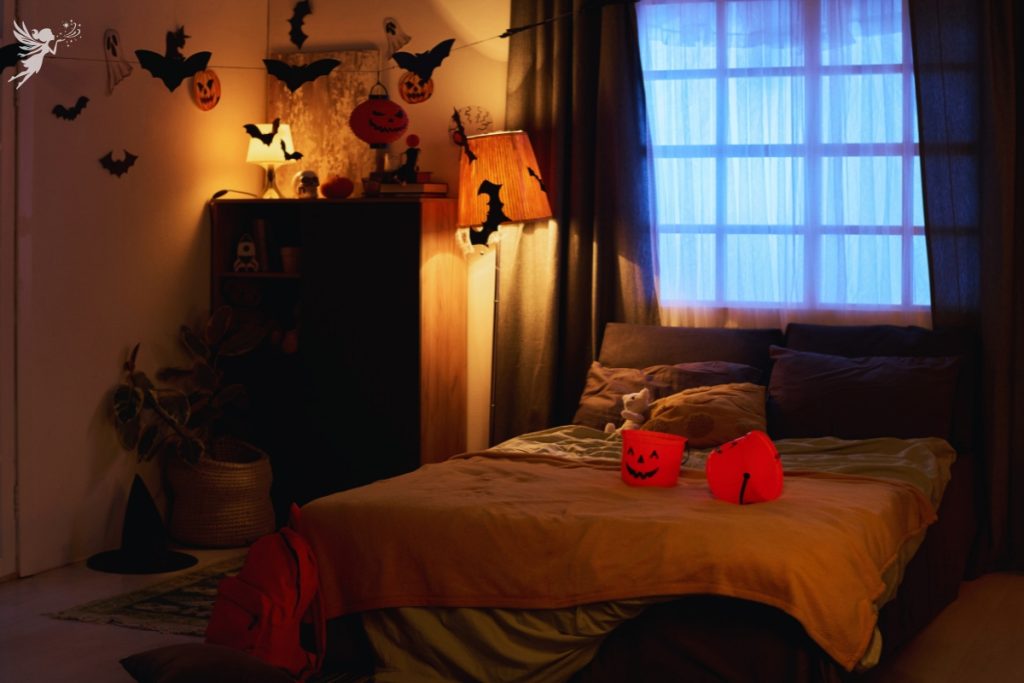 ambient scene of a bedroom with halloween decorations