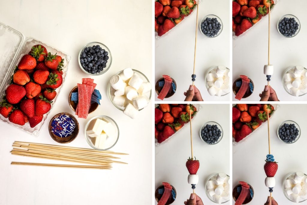 Step-by-step image showing ingredients and assembly process for red, white, and blue 4 July dessert skewers.