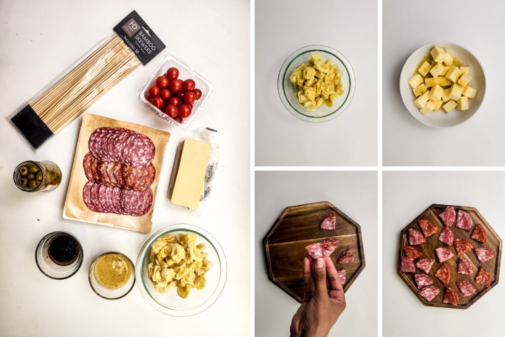Ingredients and process image for making antipasto skewers