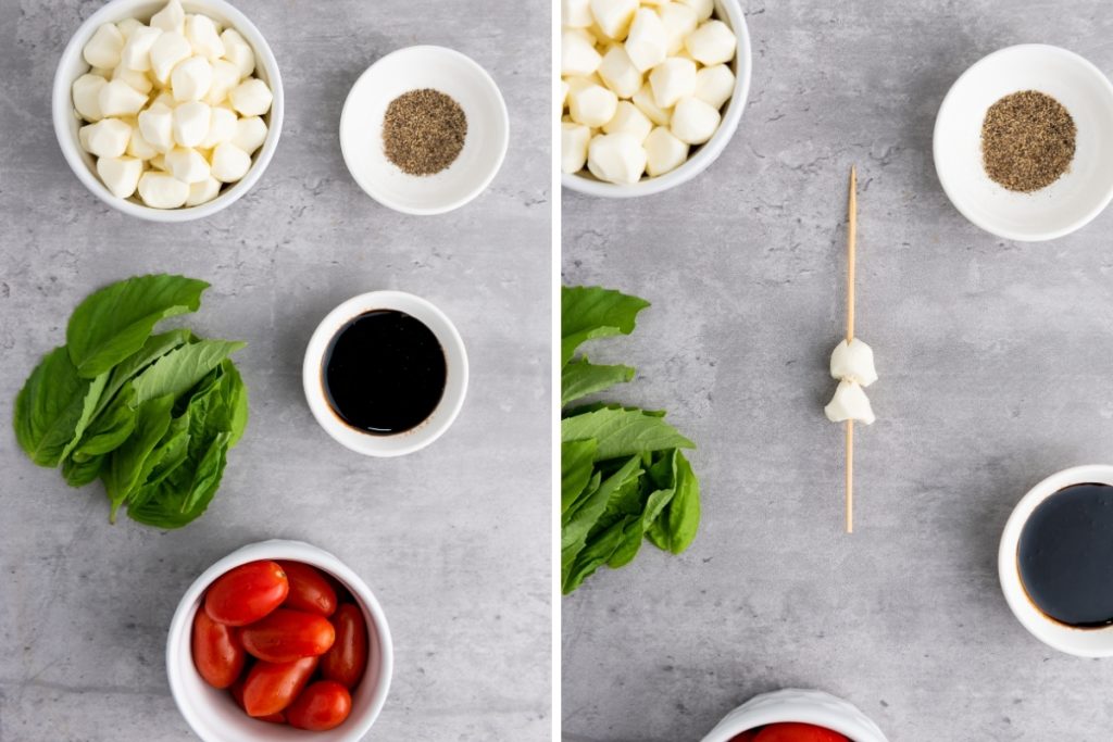 Ingredients and process image for making Caprese Skewers - place 2 mozzarella pearls on a skewer