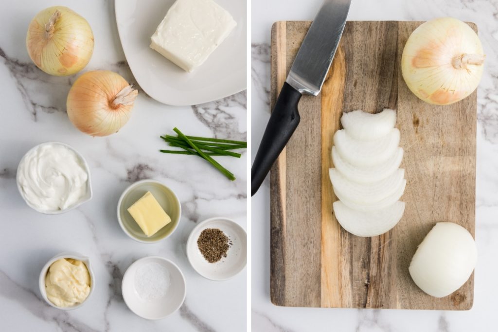 Ingredients and process image for making Caramelized Onion Dip - onions are thinly sliced