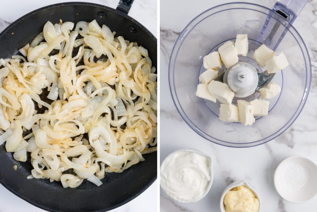 Process image for making Caramelized Onion Dip - Onions are cooked together with melted butter. Cream cheese is added to the food processor.