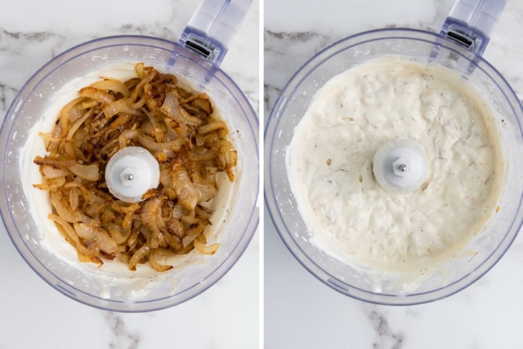 Process image for making Caramelized Onion Dip - caramelized onions added to the dip in food processor then pulsed just to mix the onions