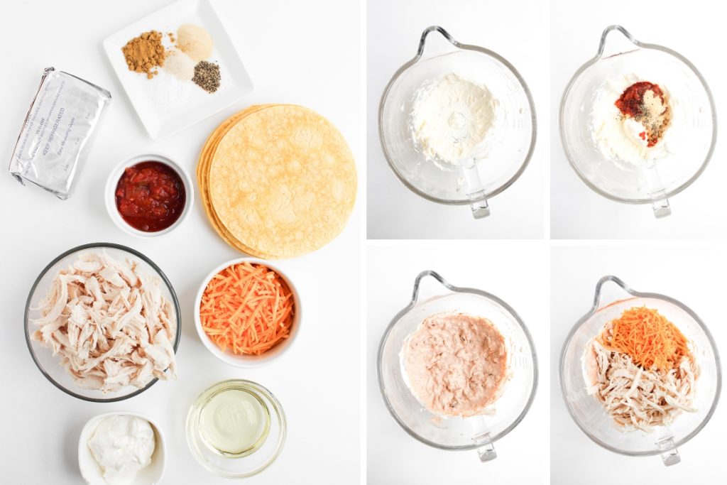 Ingredients and process image for making Baked Cheesy Chicken Taquitos