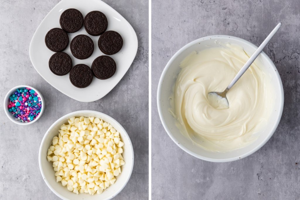 Ingredients and process image for making Chocolate Covered Oreos