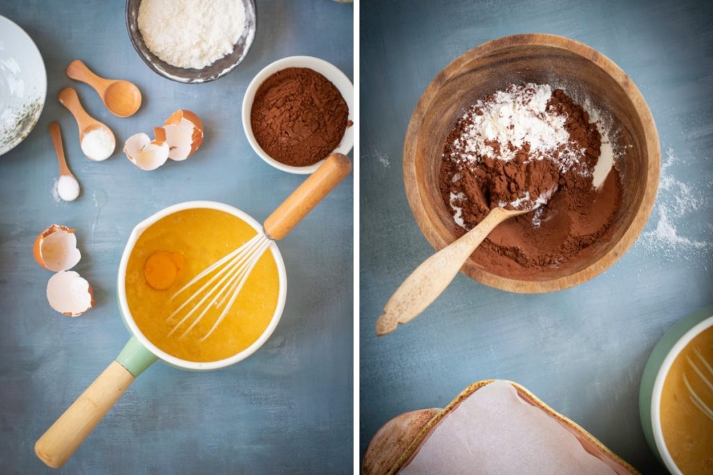 Process image for making Chocolate Pumpkin Patch Brownie Cake - combining ingredients for the chocolate brownie cake batter