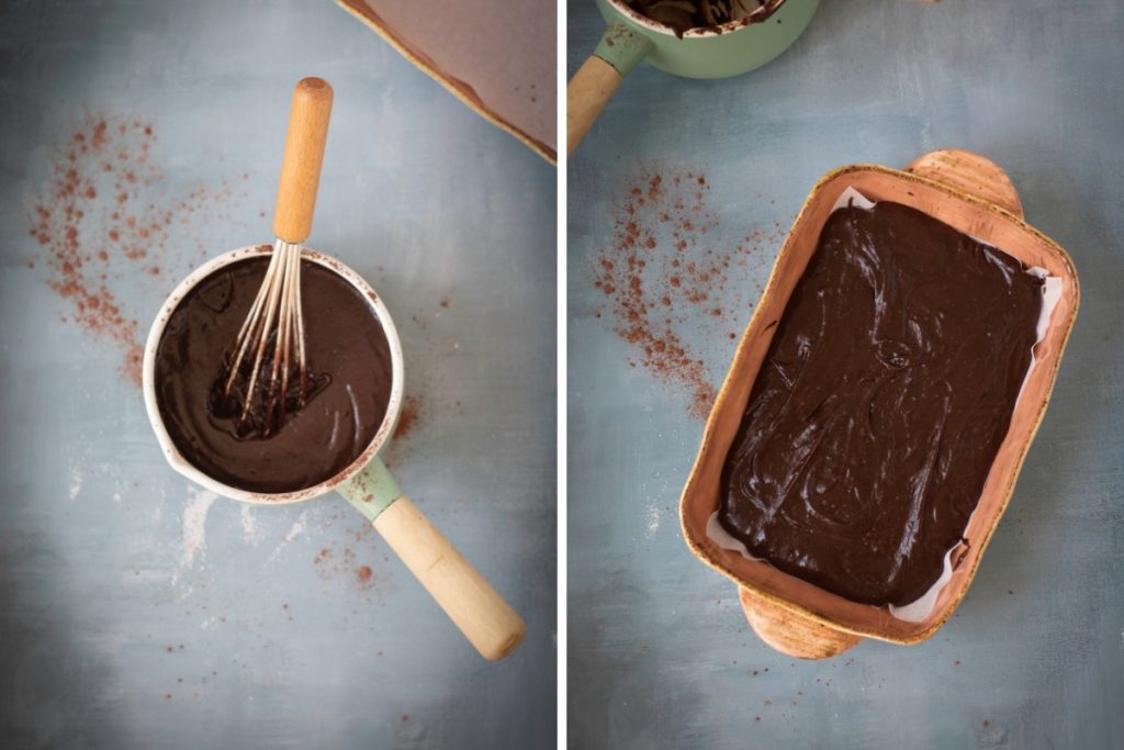 Process image for making Chocolate Pumpkin Patch Brownie Cake - finished cake batter in baking pan ready for baking