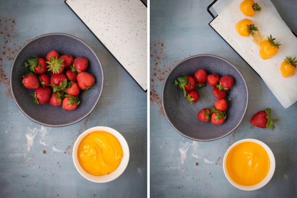 Process image for making Chocolate Pumpkin Patch Brownie Cake - combining ingredients for the pumpkin patch decoration