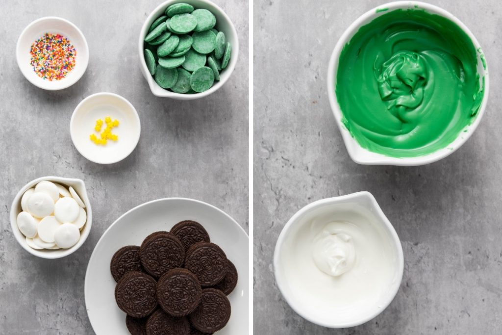 Ingredients and process image for making Christmas Tree Oreos
