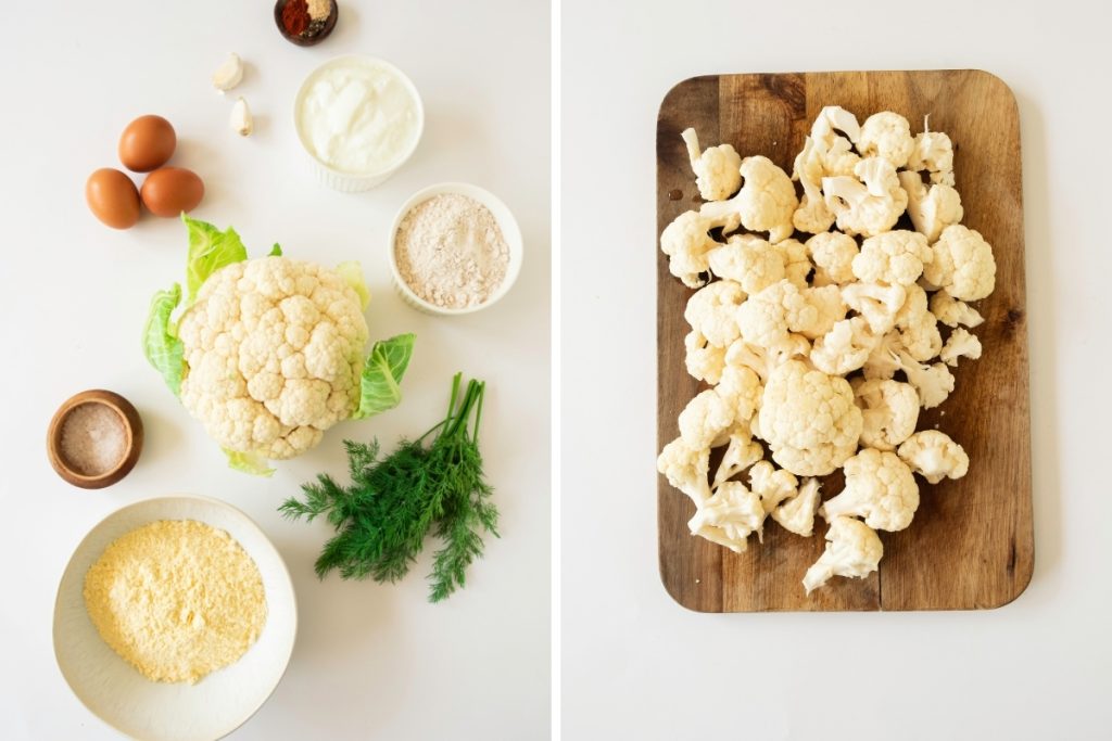 Ingredients and process image for making Crispy Cauliflower Bites
