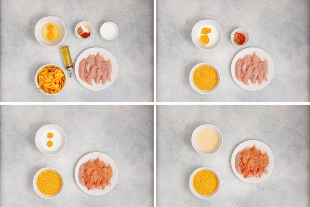 Ingredients and process image for making Dorito Crumbed Chicken Tenders