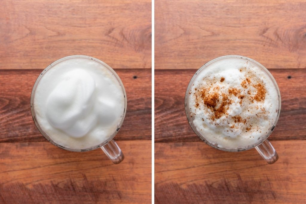 Process image for making Gingerbread Latte - sprinkled with ground nutmeg on top