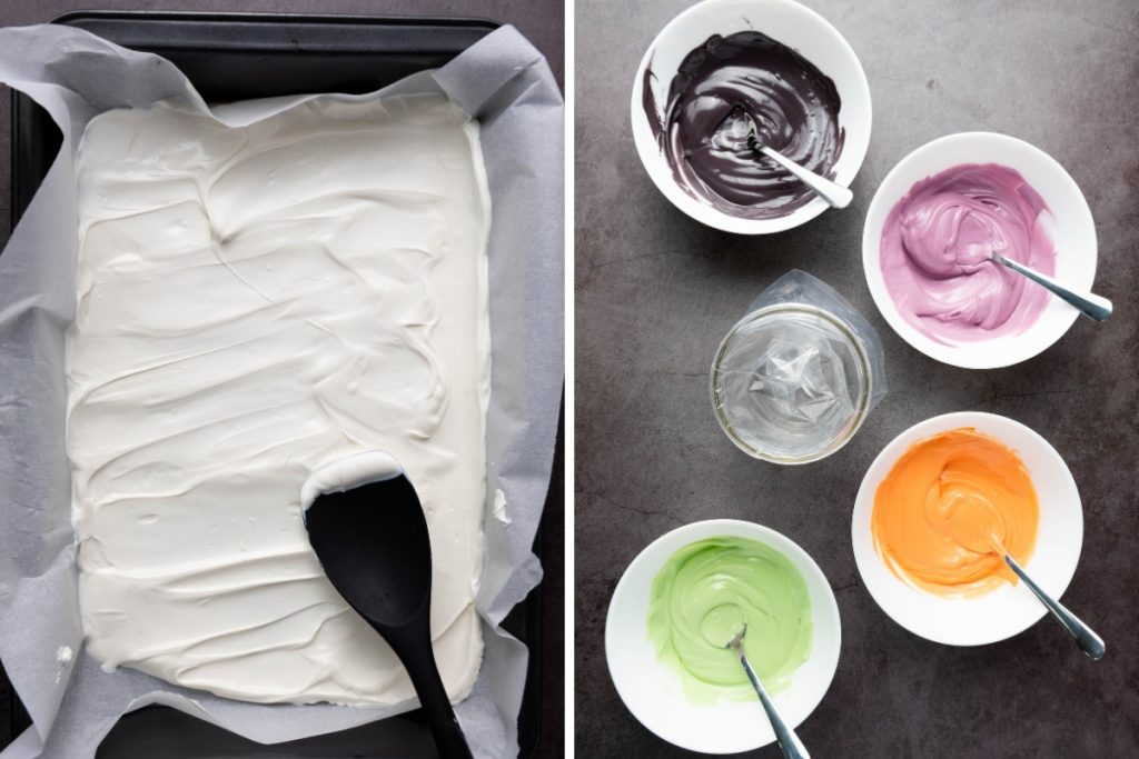 Process image for making Halloween Candy Bark - spread melted white candy in baking sheet then also melted orange, green, purple and black candy melts