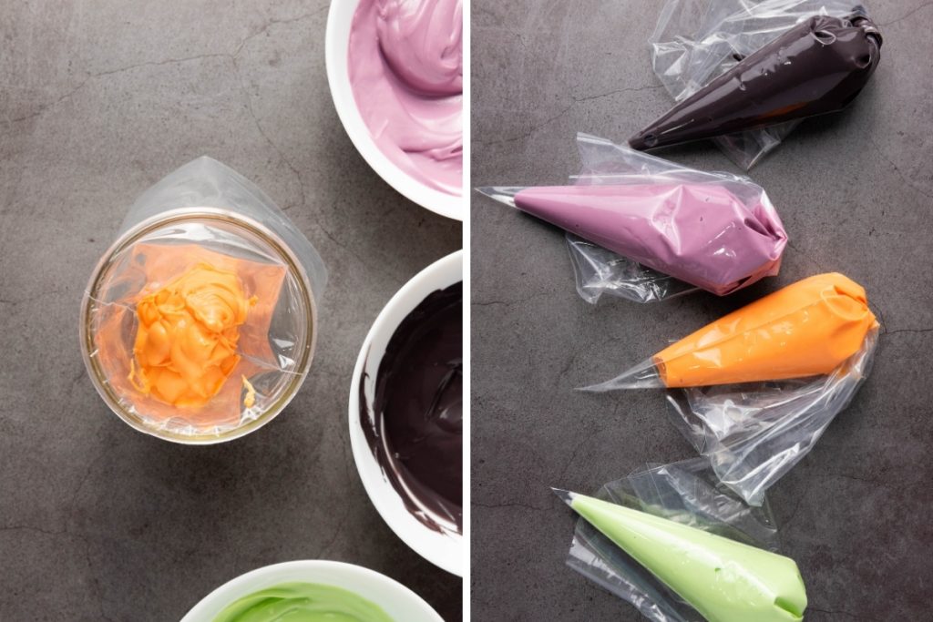 Process image for making Halloween Candy Bark - placed each melted colored candy melts into separate piping bags
