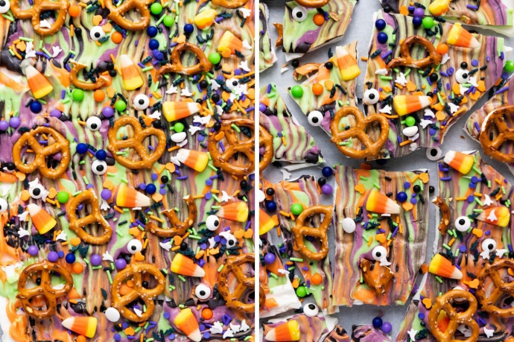 Process image for making Halloween Candy Bark - set at room temperature or chilled then candy bark is broken into pieces and ready for serving