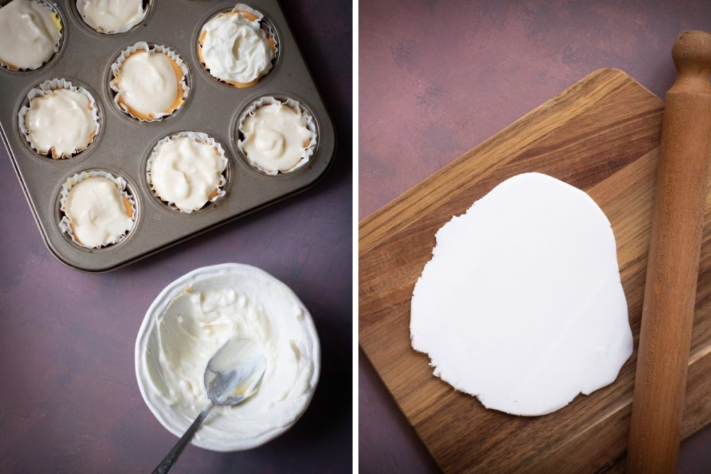 Process image for making Halloween Candy Corn Mini Cheesecakes