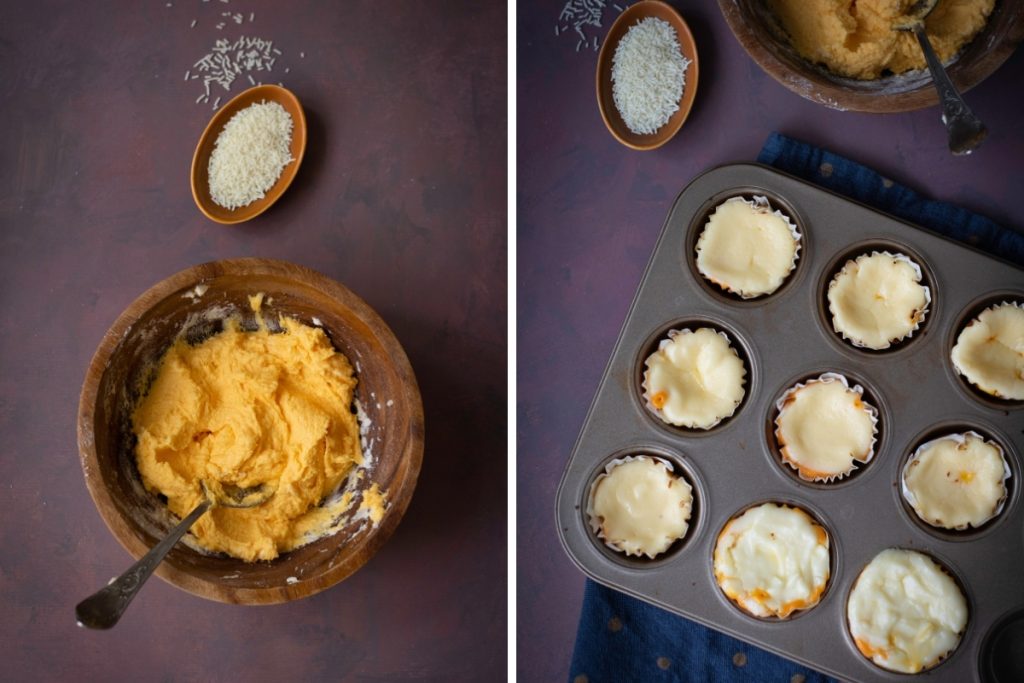 Process image for making Halloween Candy Corn Mini Cheesecakes