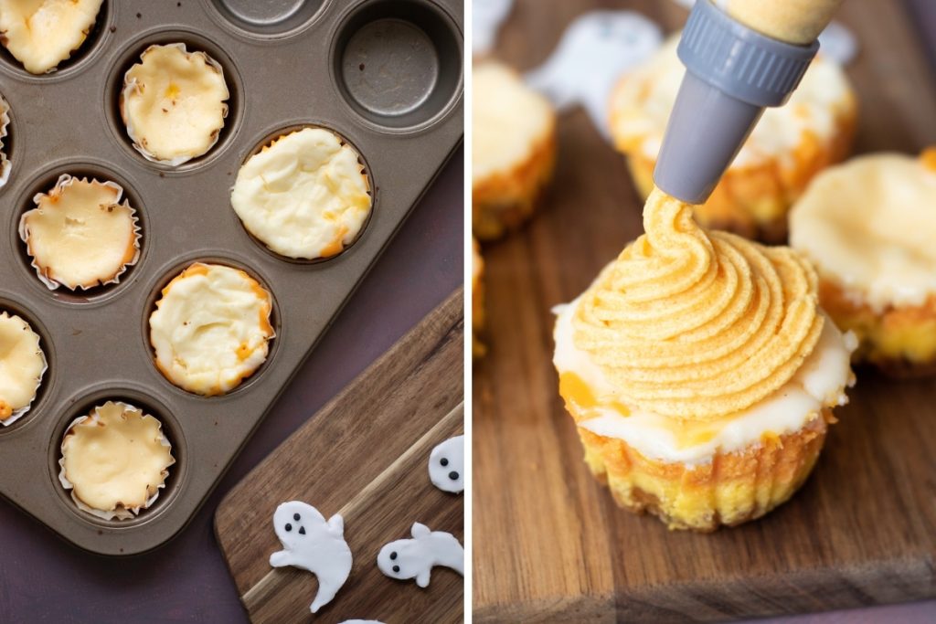 Process image for making Halloween Candy Corn Mini Cheesecakes