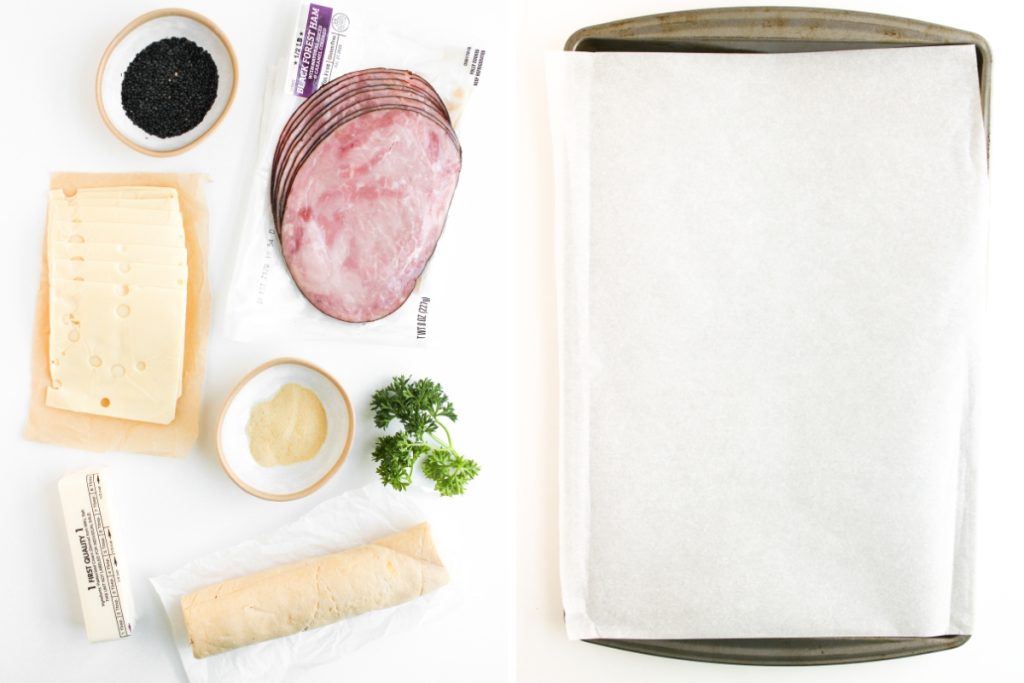 Ingredients and process image for making Ham and Cheese Crescent Rolls - baking sheet lined with parchment paper