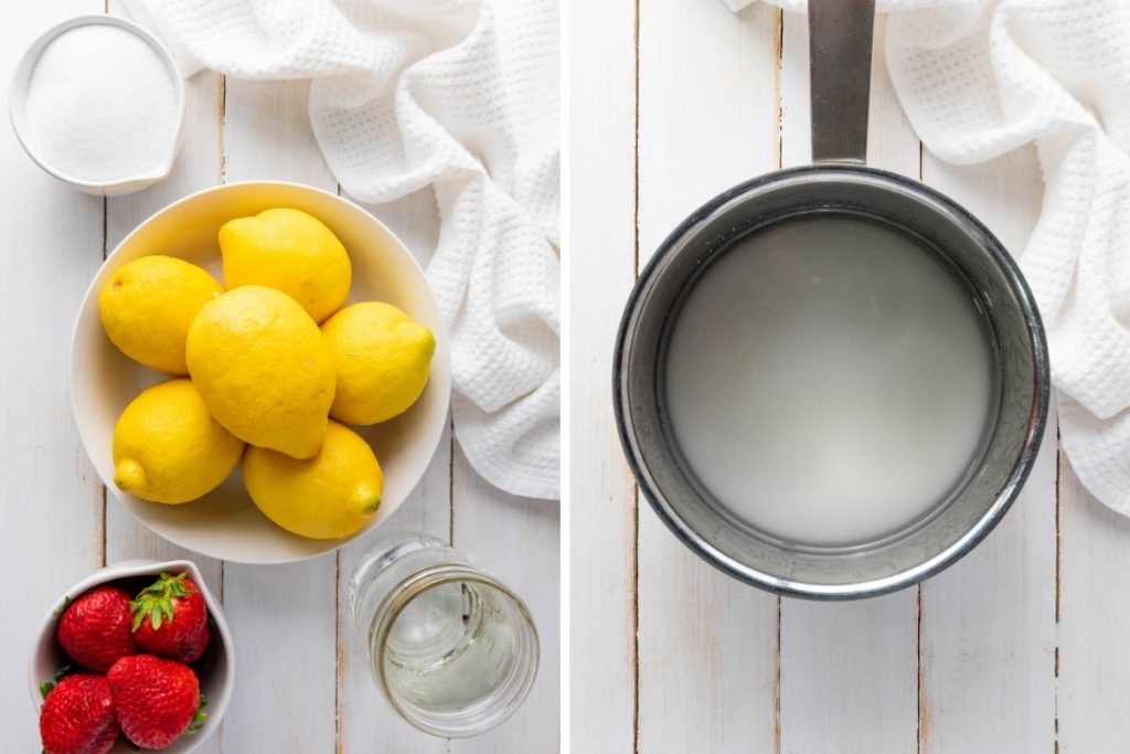 Ingredients and process image for making Homemade Strawberry Lemonade - making simple syrup with water and sugar boiled, stirred and completely dissolved