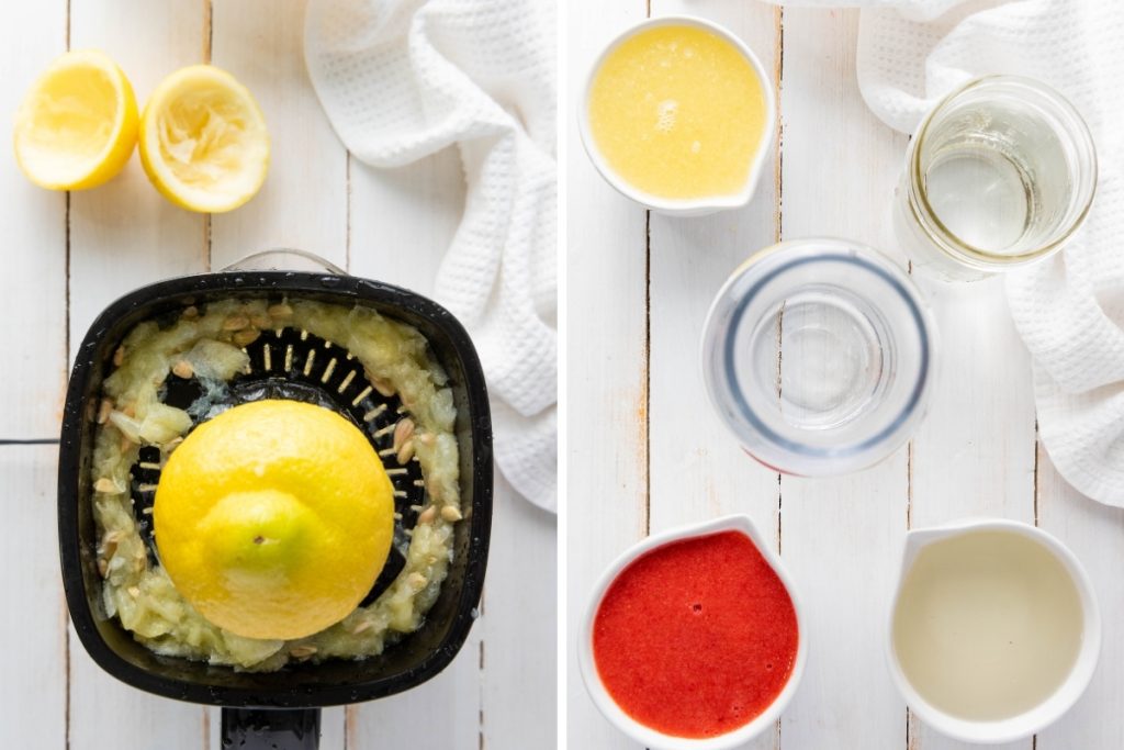 Process image for making Homemade Strawberry Lemonade - juicing the lemons and combining with other ingredients