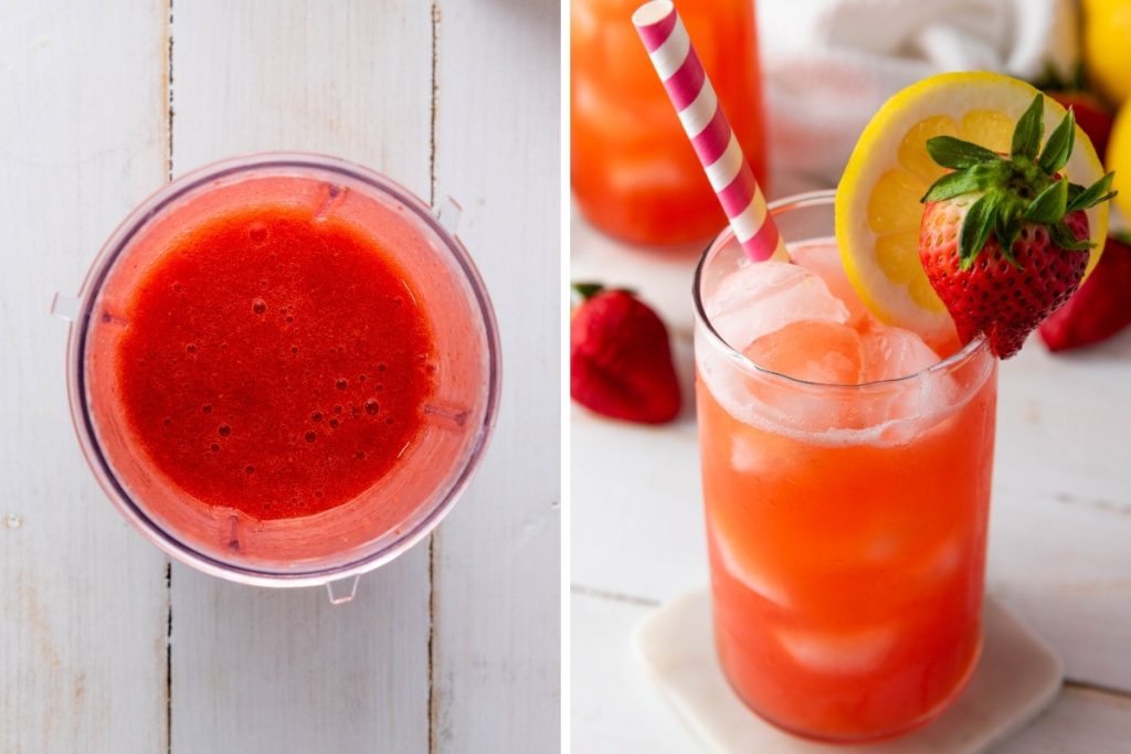 Process image for making Homemade Strawberry Lemonade - strawberry puree and finished strawberry lemonade in a glass ready for serving