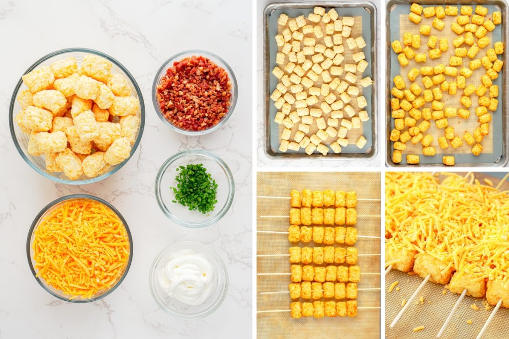 Ingredients and process image for making Loaded Tater Tots Skewers