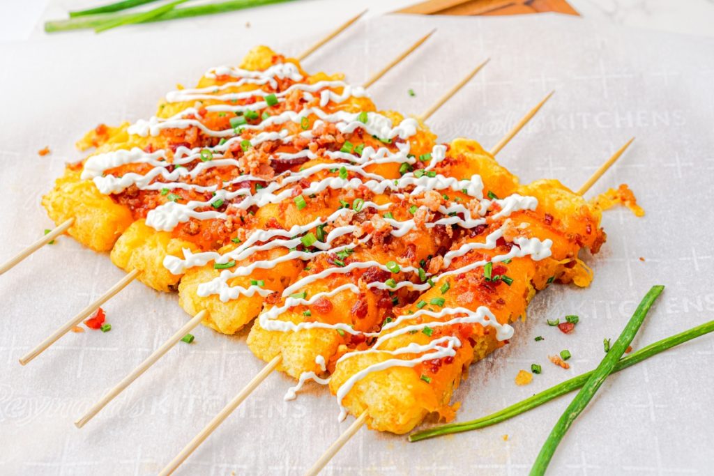 Process image for making Loaded Tater Tots Skewers