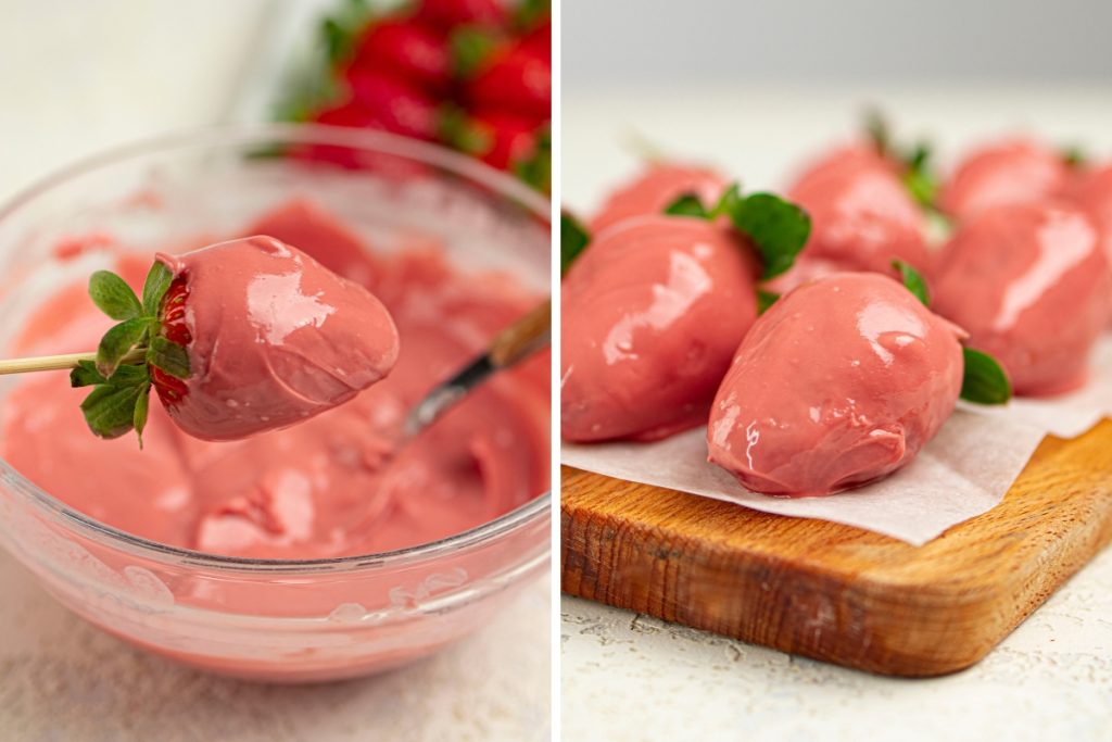 Process image for making Valentines Pink Chocolate-Coated Strawberries - dipping strawberry into the melted chocolate